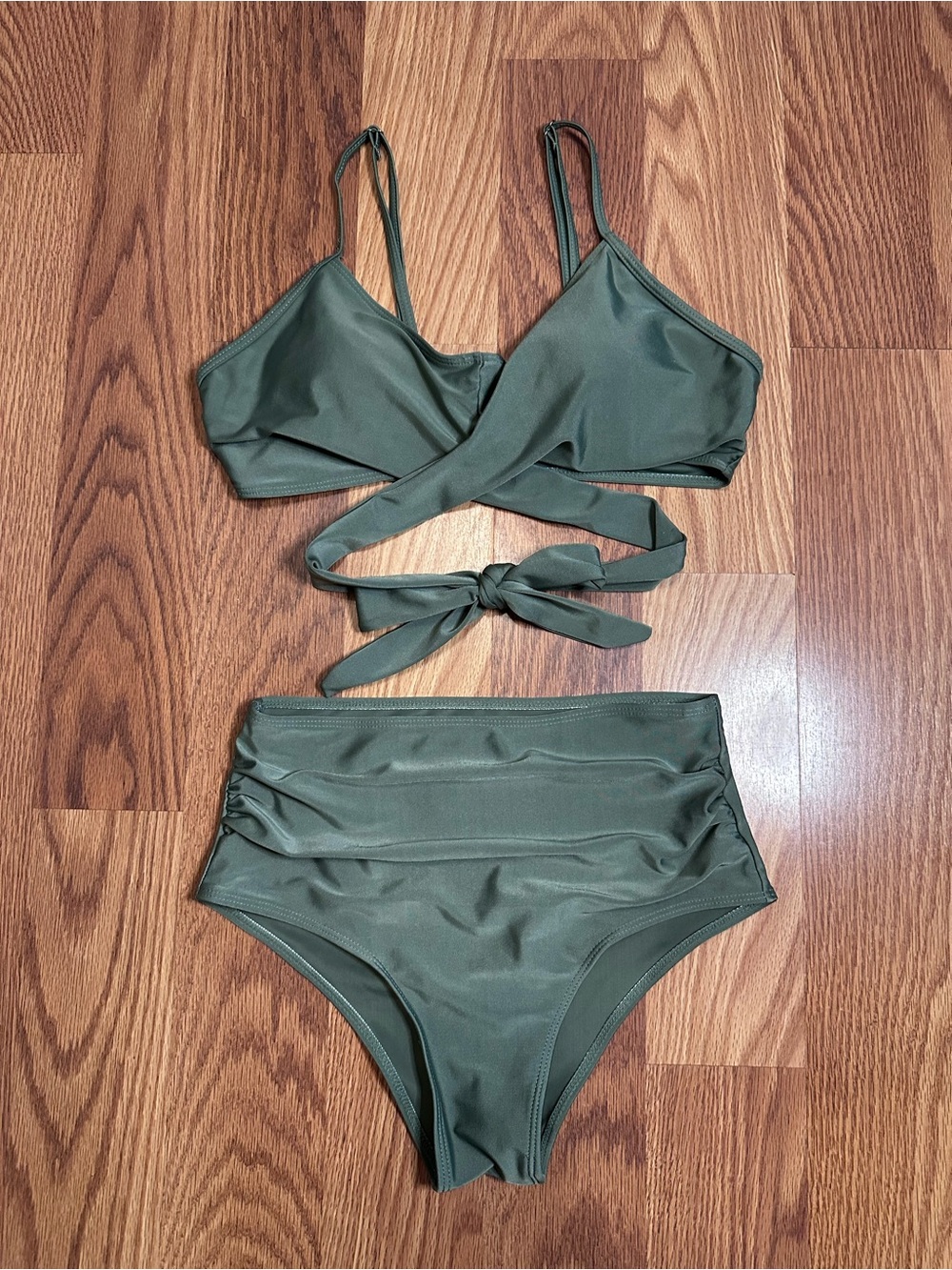 Olive Green High-Waist Cross-Wrap Bikini Set | Size Small